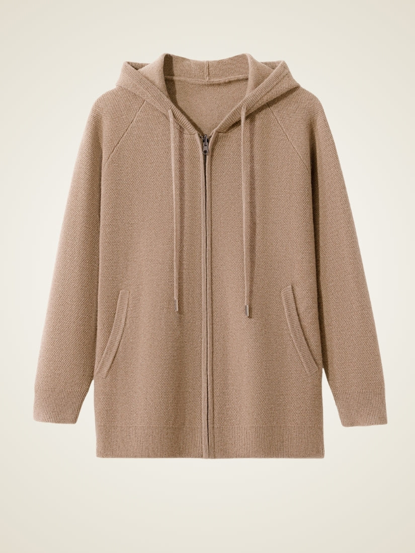 Aurian — Beige Zip-Up Cashmere Hoodie Cardigan | The Cashmere Studio