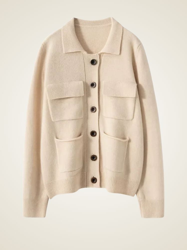 Gabriella - Beige Turn Down Collar Cashmere Cardigan | The Cashmere Studio