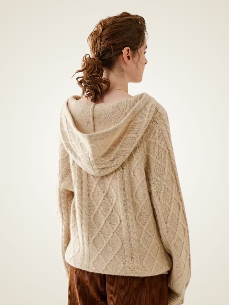 Estelle - Beige Cable Knit Cashmere Hoodie | The Cashmere Studio