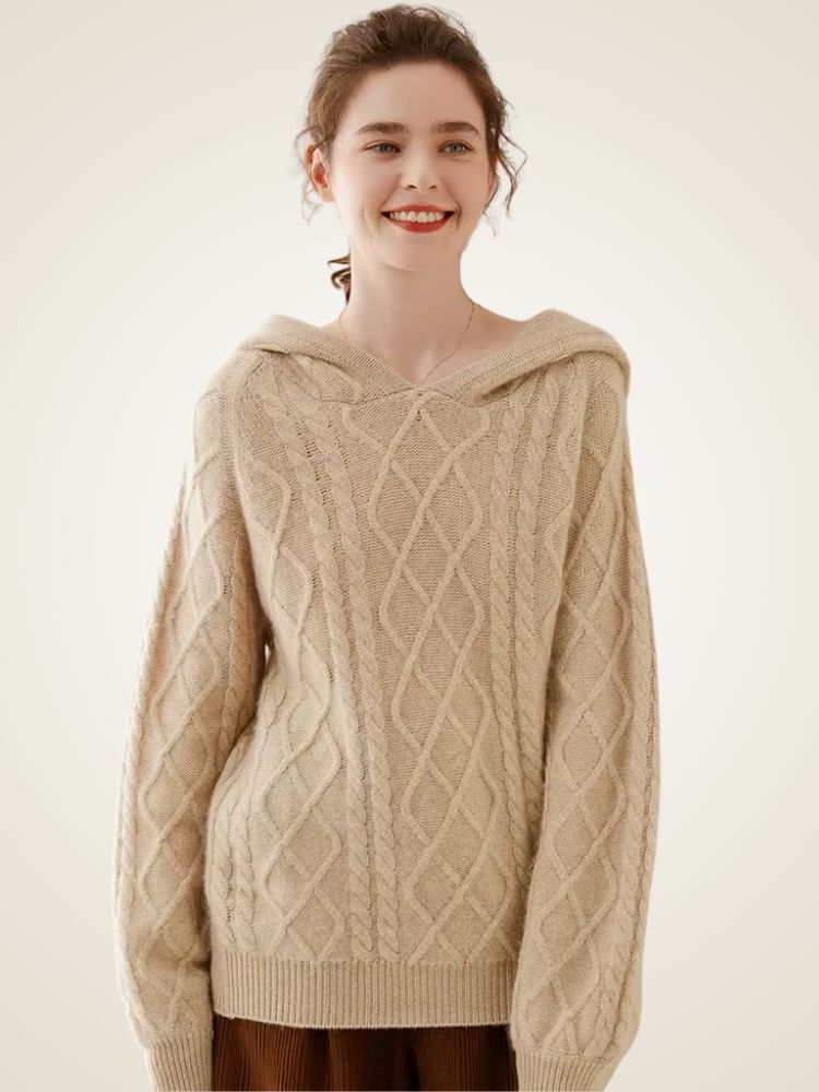 Estelle - Beige Cable Knit Cashmere Hoodie | The Cashmere Studio