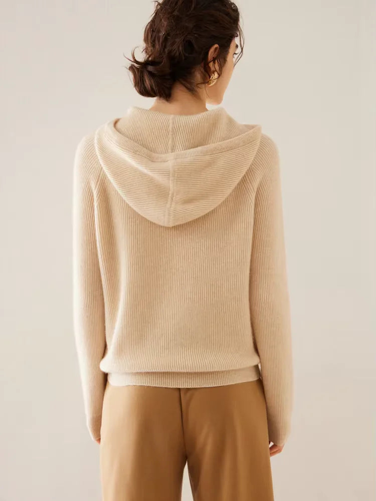 Colleen - Beige Ribbed Cashmere Hoodie | The Cashmere Studio