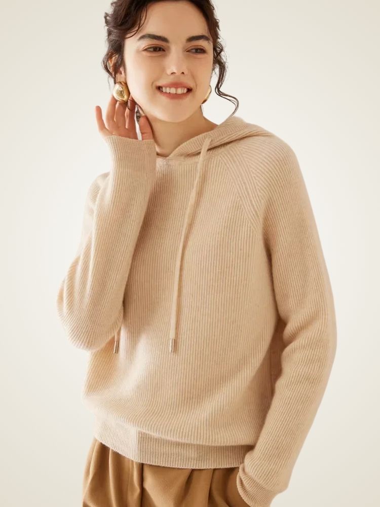 Colleen - Beige Ribbed Cashmere Hoodie | The Cashmere Studio