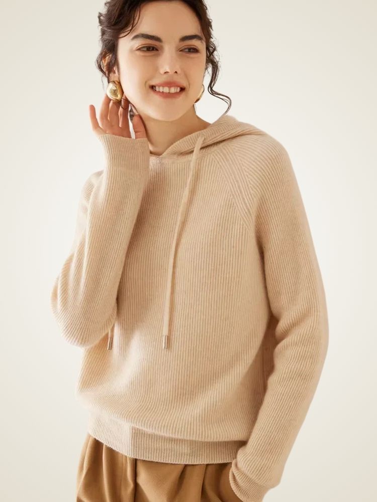 Colleen - Beige Ribbed Cashmere Hoodie | The Cashmere Studio