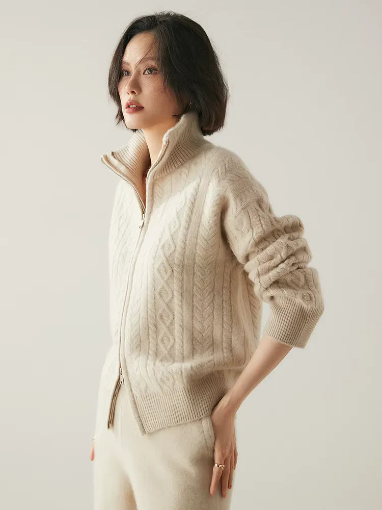 Willow - Beige Zip Cable Knit Cashmere Cardigan | The Cashmere Studio