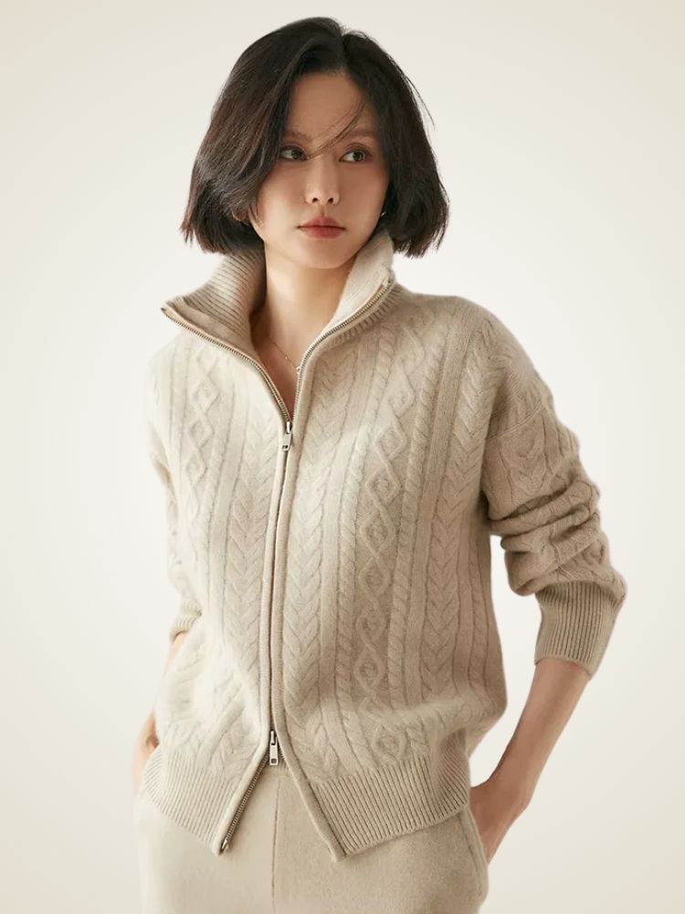 Willow - Beige Zip Cable Knit Cashmere Cardigan | The Cashmere Studio