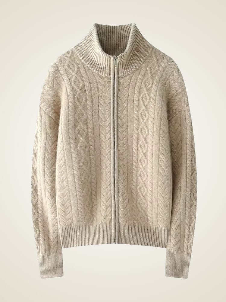 Willow - Beige Zip Cable Knit Cashmere Cardigan | The Cashmere Studio