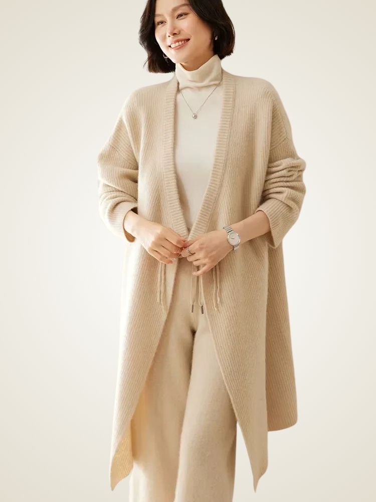 Julia - Beige Long Cashmere Cardigan | The Cashmere Studio