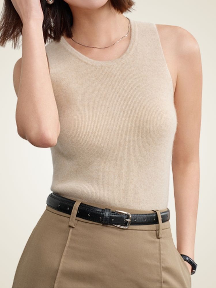 Esia - Beige Ribbed Cashmere Top | The Cashmere Studio