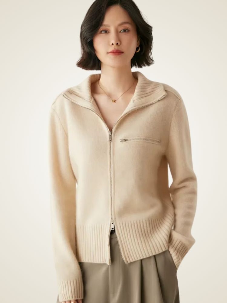 Liv - Beige Zip Cashmere Cardigan | The Cashmere Studio