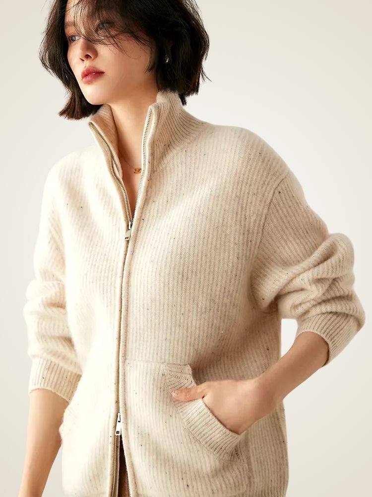 Nina - Beige Zip Cashmere Cardigan | The Cashmere Studio