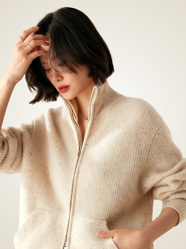 Nina - Beige Zip Cashmere Cardigan | The Cashmere Studio