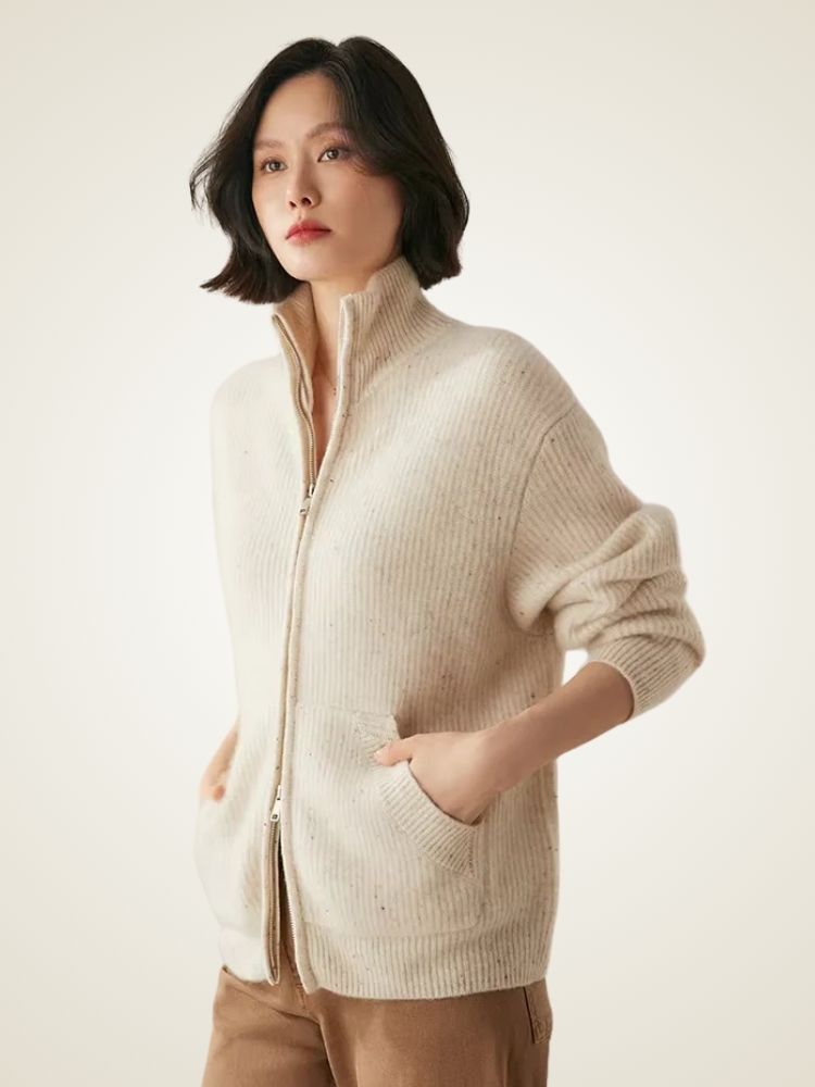 Nina - Beige Zip Cashmere Cardigan | The Cashmere Studio