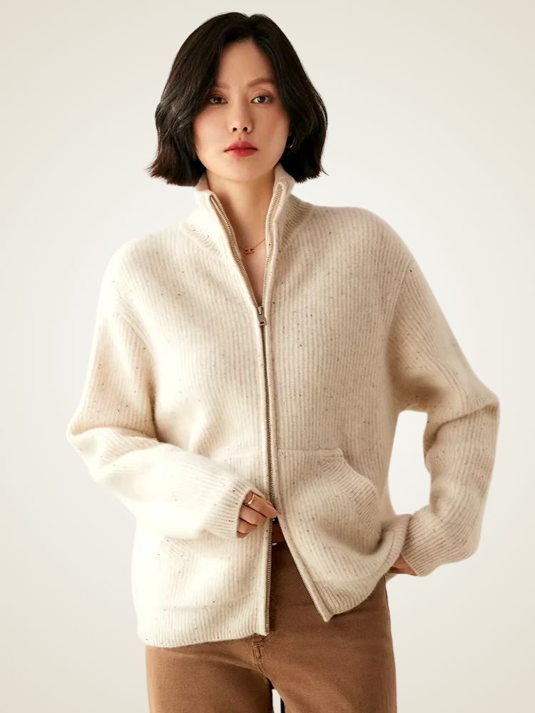 Nina - Beige Zip Cashmere Cardigan | The Cashmere Studio