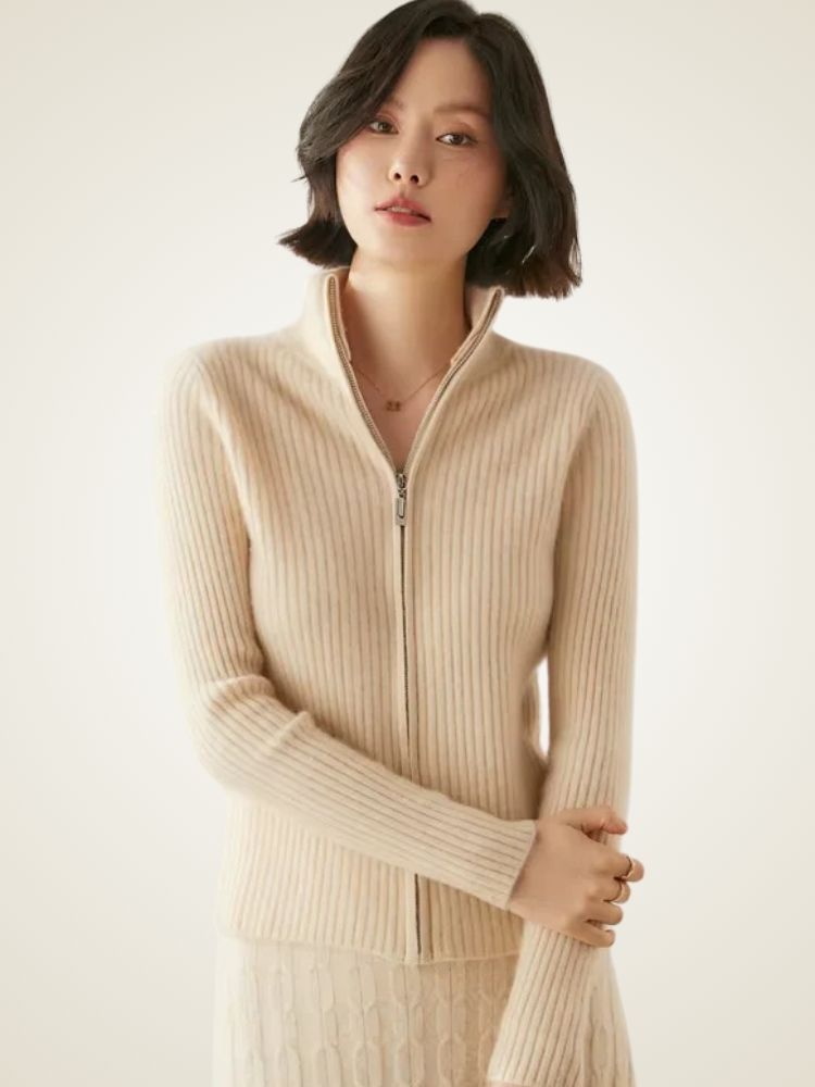 Heather - Beige Ribbed Zip Up Cashmere Cardigan | The Cashmere Studio