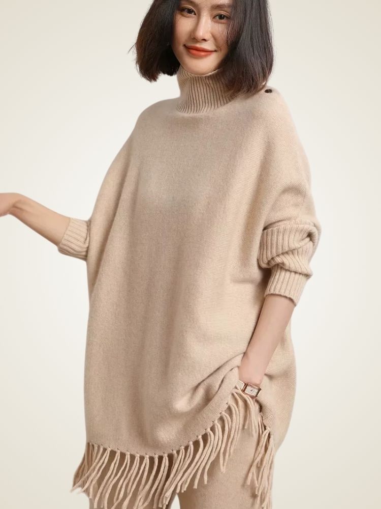 Lila - Beige Cashmere Fringe Sweater Dress | The Cashmere Studio