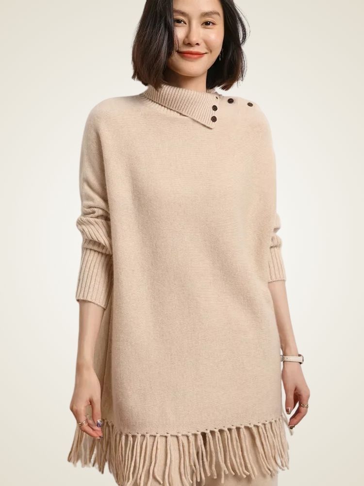 Lila - Beige Cashmere Fringe Sweater Dress | The Cashmere Studio