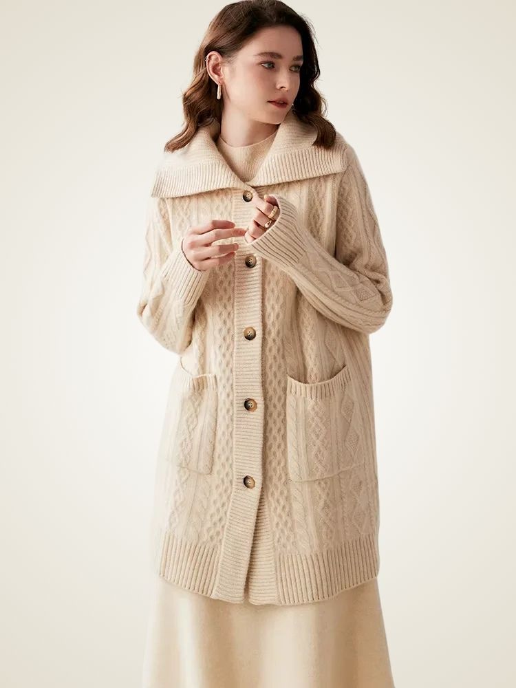 Paige - Beige Collared Cable Knit Cashmere Cardigan | The Cashmere Studio