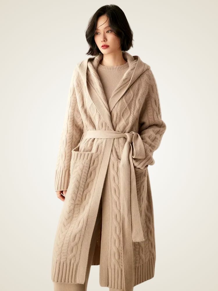 Leah - Beige Long Cable Knit Cashmere Cardigan