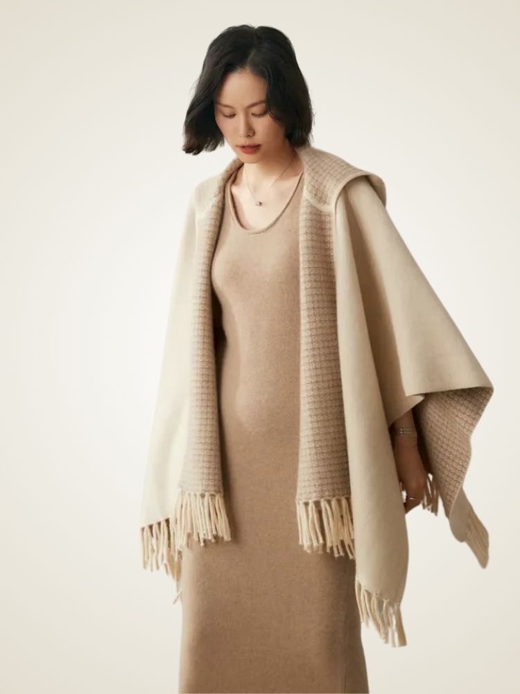 Nathalie - Beige Reversible Hooded Cashmere Cape | The Cashmere Studio