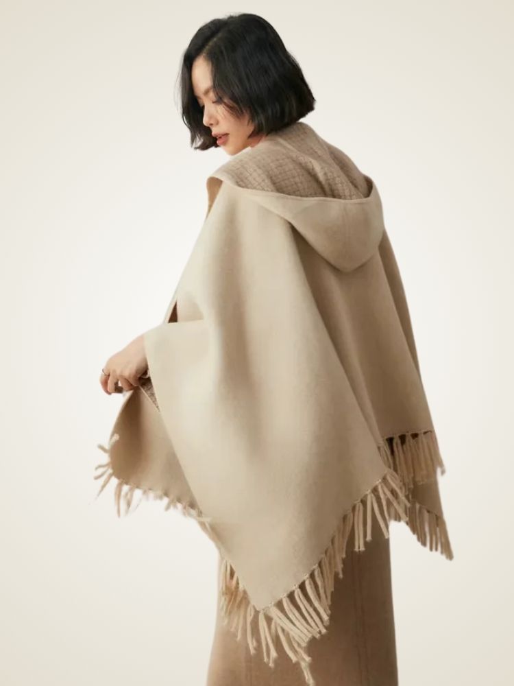 Nathalie - Beige Reversible Hooded Cashmere Cape | The Cashmere Studio