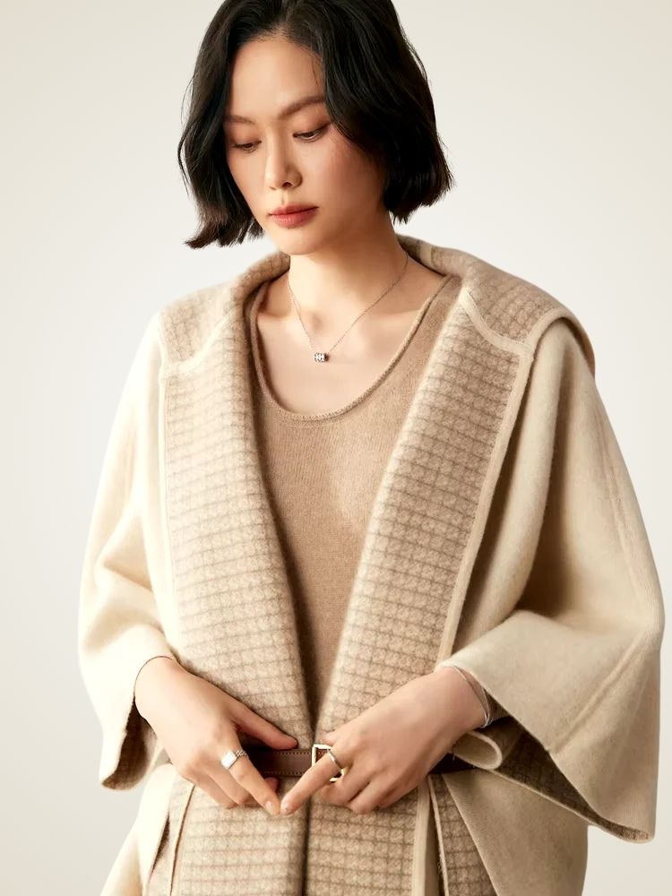 Nathalie - Beige Reversible Hooded Cashmere Cape | The Cashmere Studio