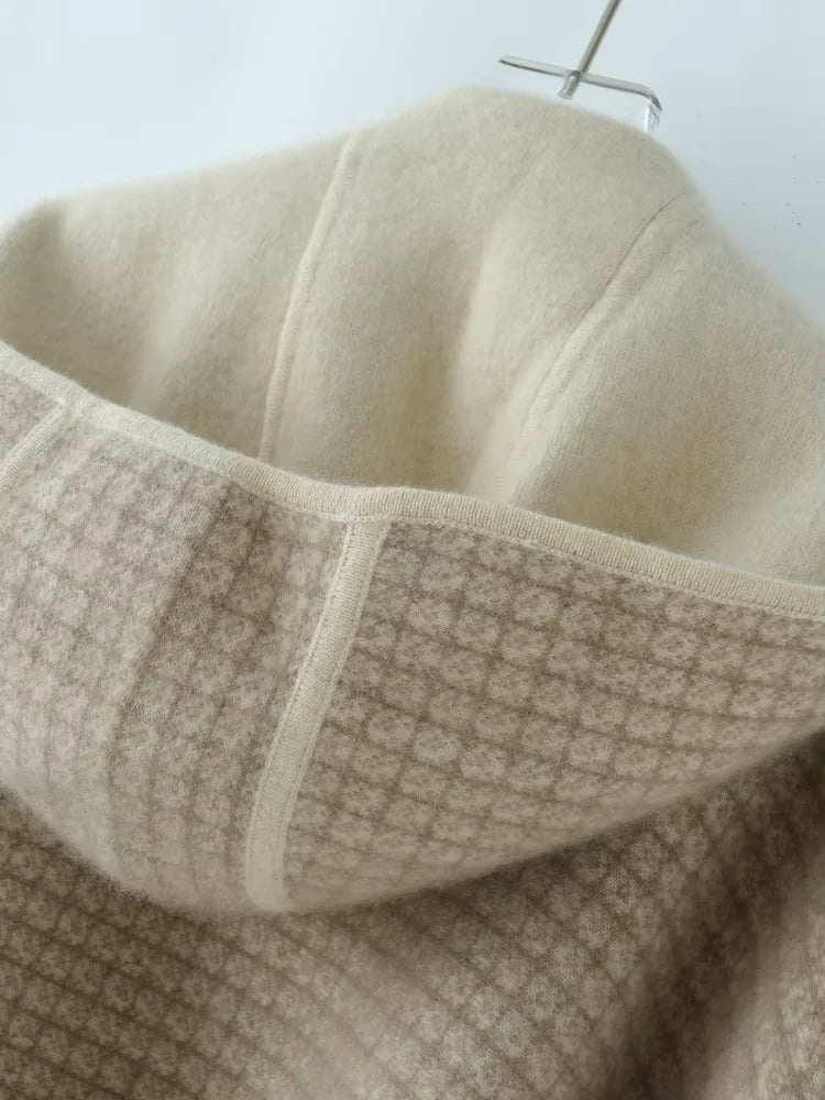 Nathalie - Beige Reversible Hooded Cashmere Cape | The Cashmere Studio