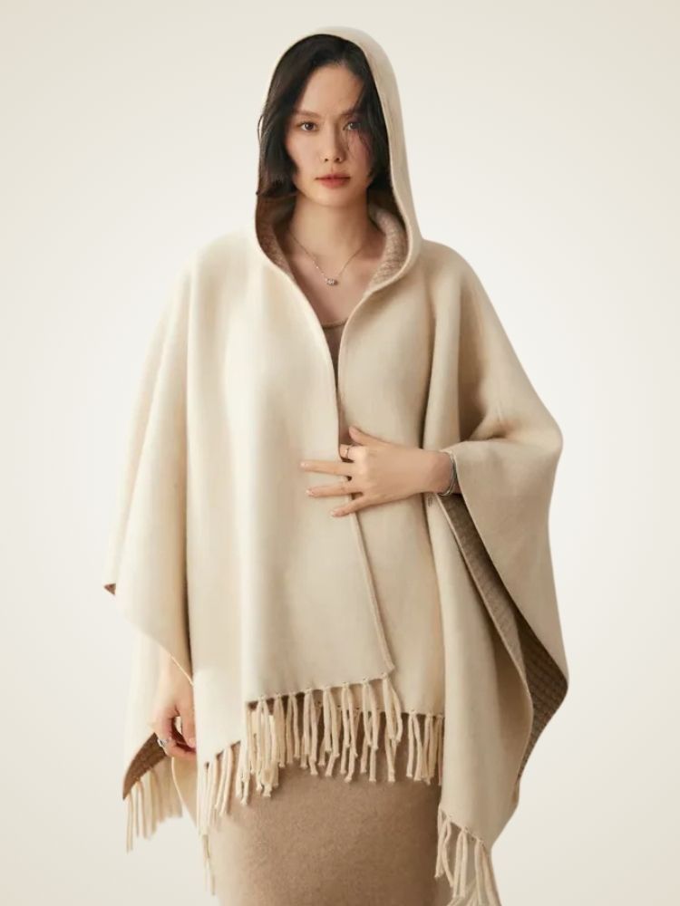 Nathalie - Beige Reversible Hooded Cashmere Cape | The Cashmere Studio