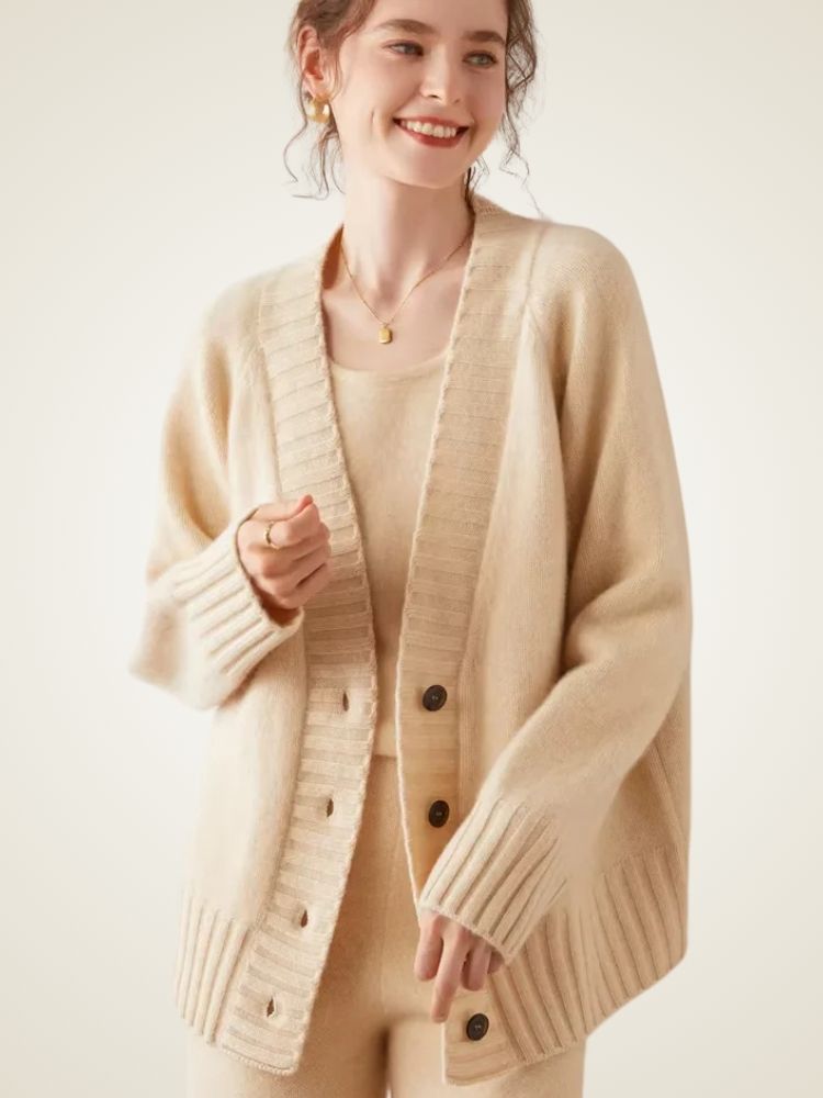 Eden - Beige V Neck Cashmere Cardigan | The Cashmere Studio