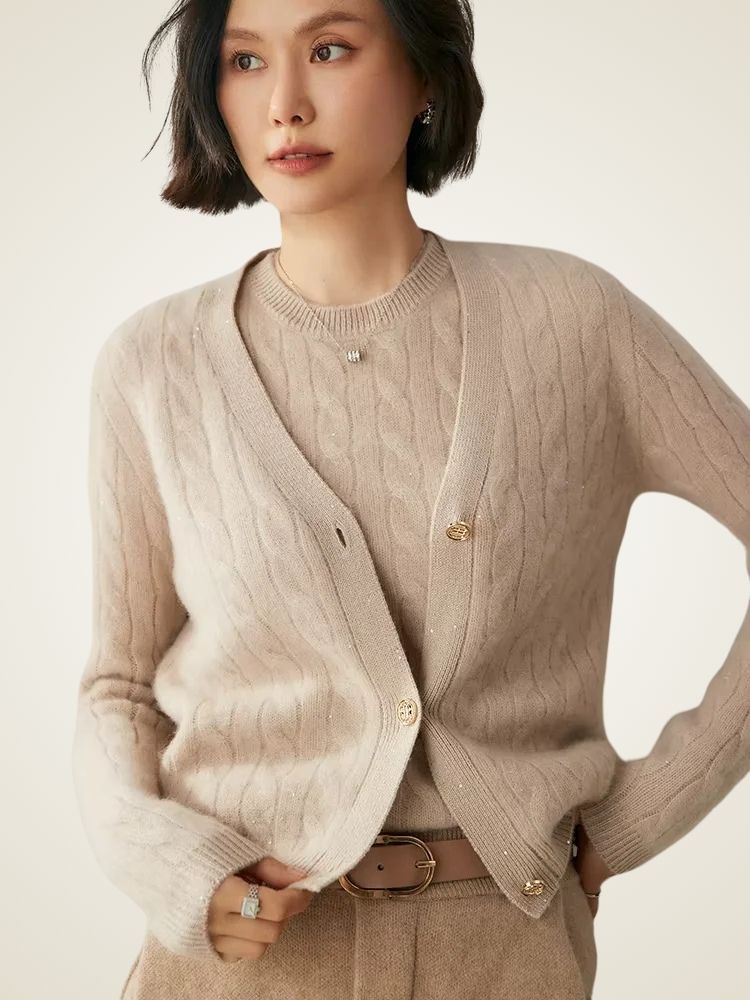 Holly - Beige Cable Knit Cashmere Cardigan | The Cashmere Studio