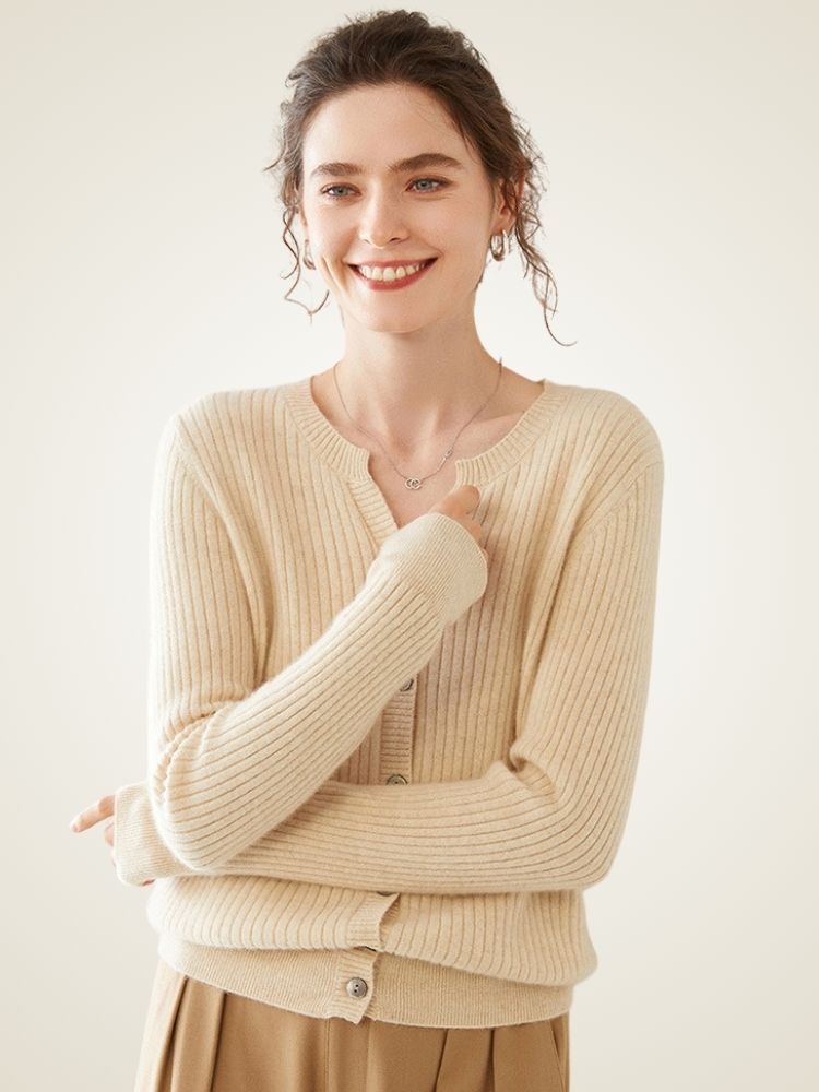 Delphie - Beige Ribbed Cashmere Cardigan | The Cashmere Studio