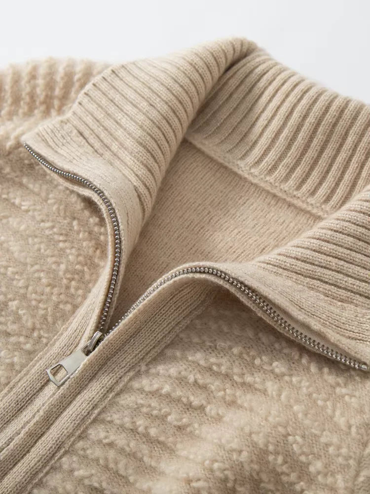 Bailey - Beige Zip Cashmere Cardigan | The Cashmere Studio