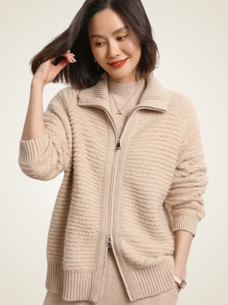 Bailey - Beige Zip Cashmere Cardigan | The Cashmere Studio