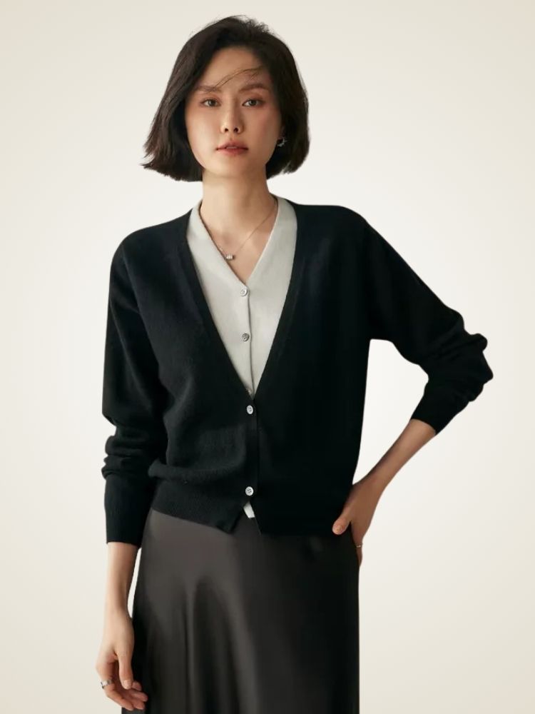 Riley - Black Two-Tone Cashmere Cardigan | The Cashmere Studio