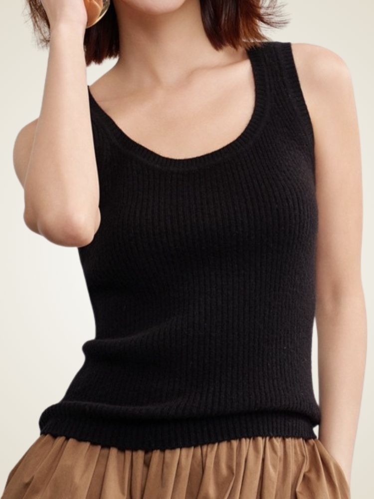 Emmalyn - Black Ribbed Cashmere Tank Top | The Cashmere Studio