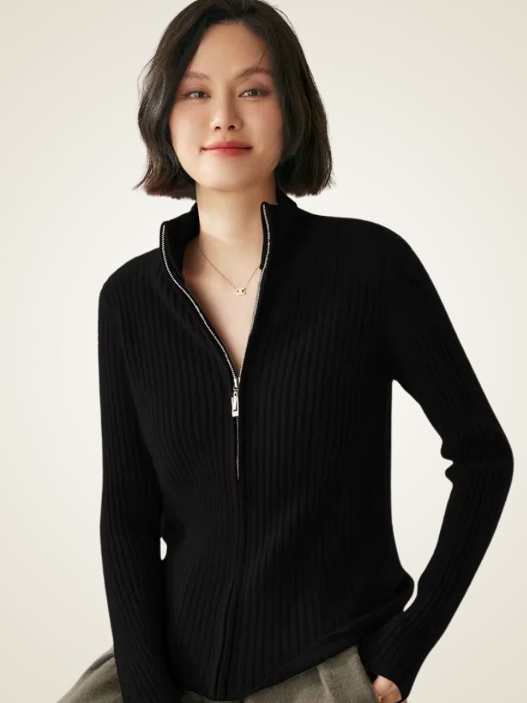 Heather - Black Ribbed Zip Up Cashmere Cardigan | The Cashmere Studio