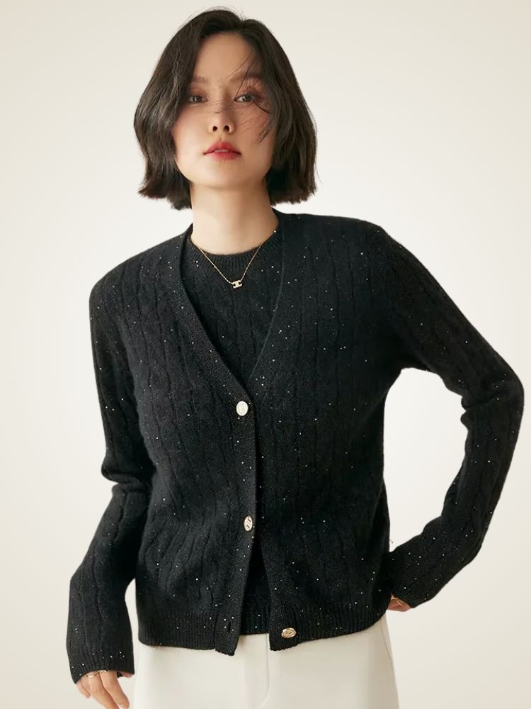 Holly - Black Cable Knit Cashmere Cardigan | The Cashmere Studio