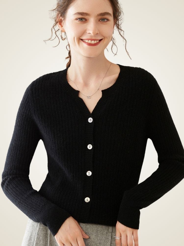 Delphie - Black Ribbed Cashmere Cardigan | The Cashmere Studio