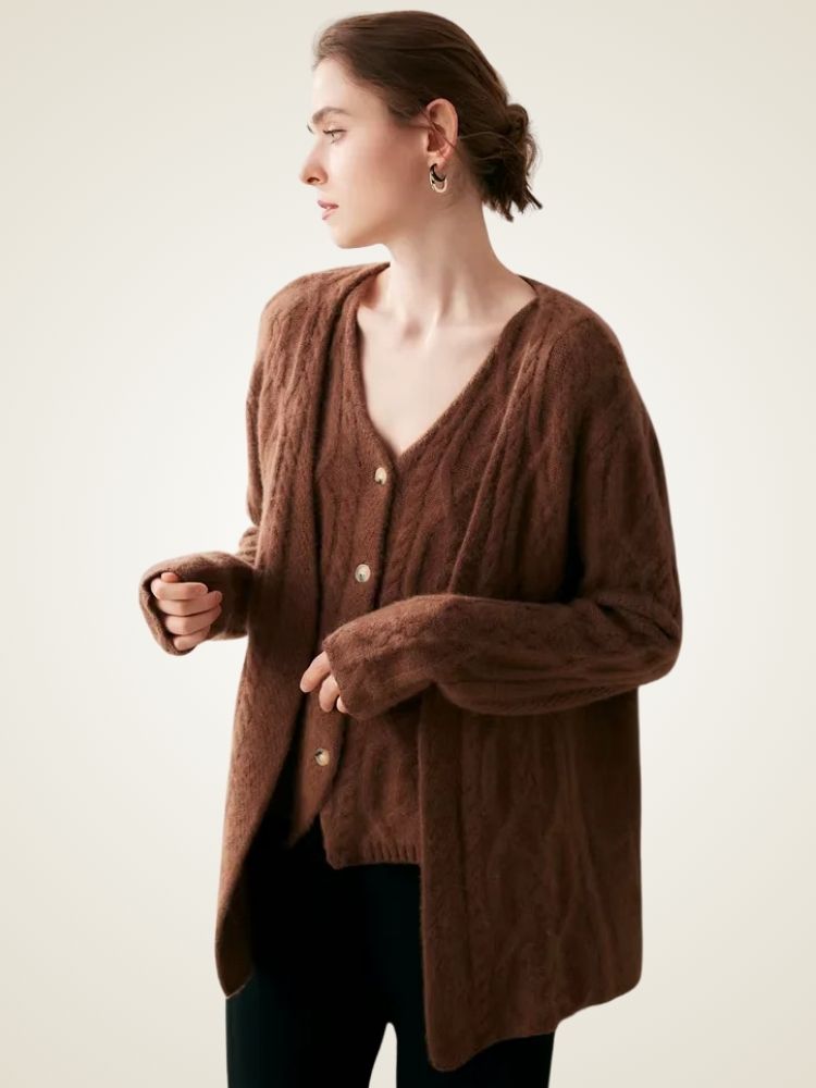 Blair - Brown Two Piece Cable Knit Cashmere Cardigan | The Cashmere Studio