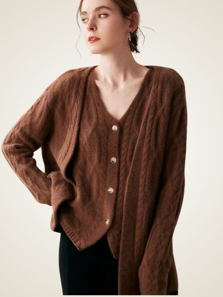 Blair - Brown Two Piece Cable Knit Cashmere Cardigan | The Cashmere Studio