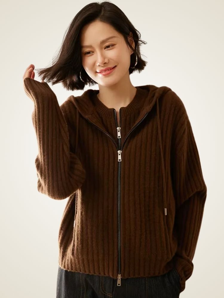 Aspen - Brown Ribbed Cashmere Hoodie Cardigan | The Cashmere Studio