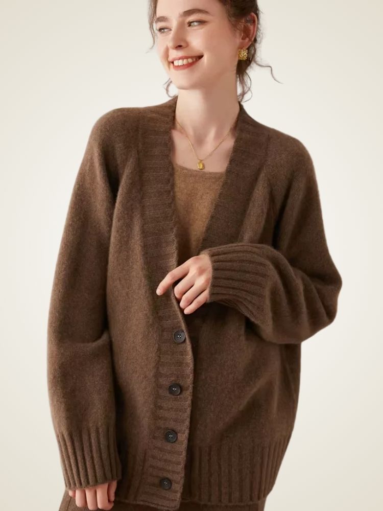 Eden - Brown V Neck Cashmere Cardigan | The Cashmere Studio