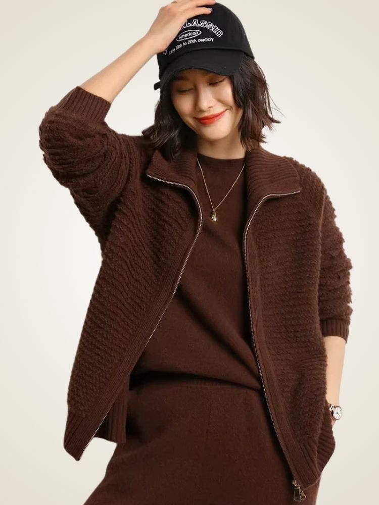 Bailey - Brown Zip Cashmere Cardigan | The Cashmere Studio