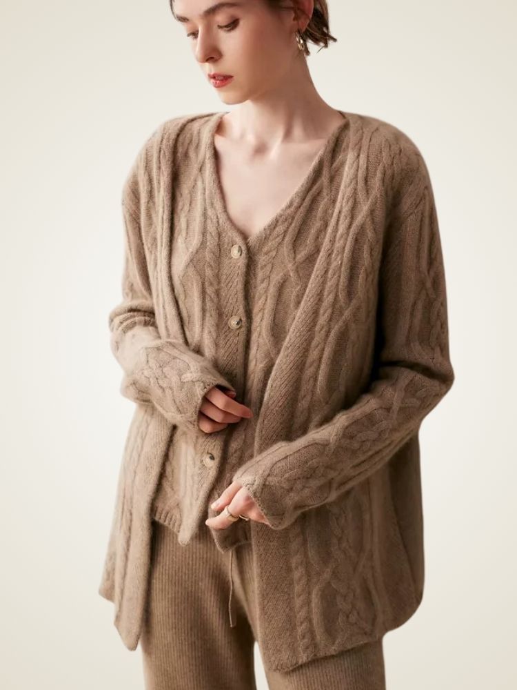 Blair - Camel Two Piece Cable Knit Cashmere Cardigan | The Cashmere Studio