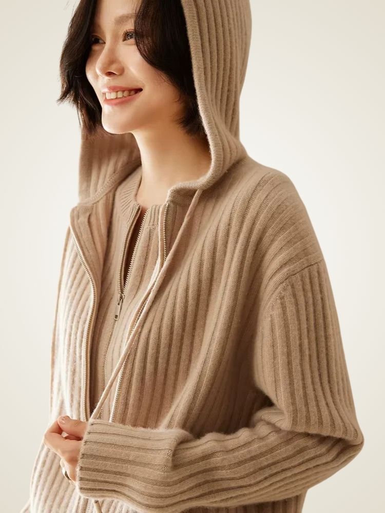 Aspen - Ribbed Cashmere Hoodie Cardigan