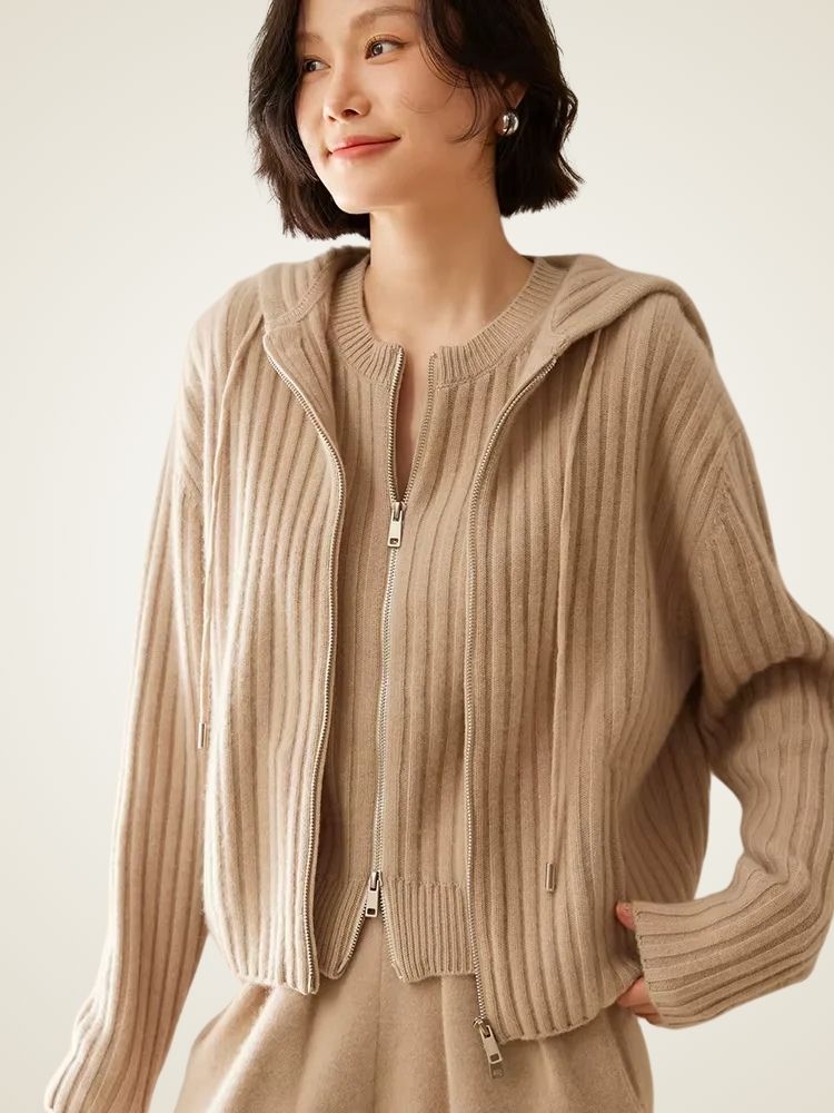 Aspen - Camel Ribbed Cashmere Hoodie Cardigan | The Cashmere Studio