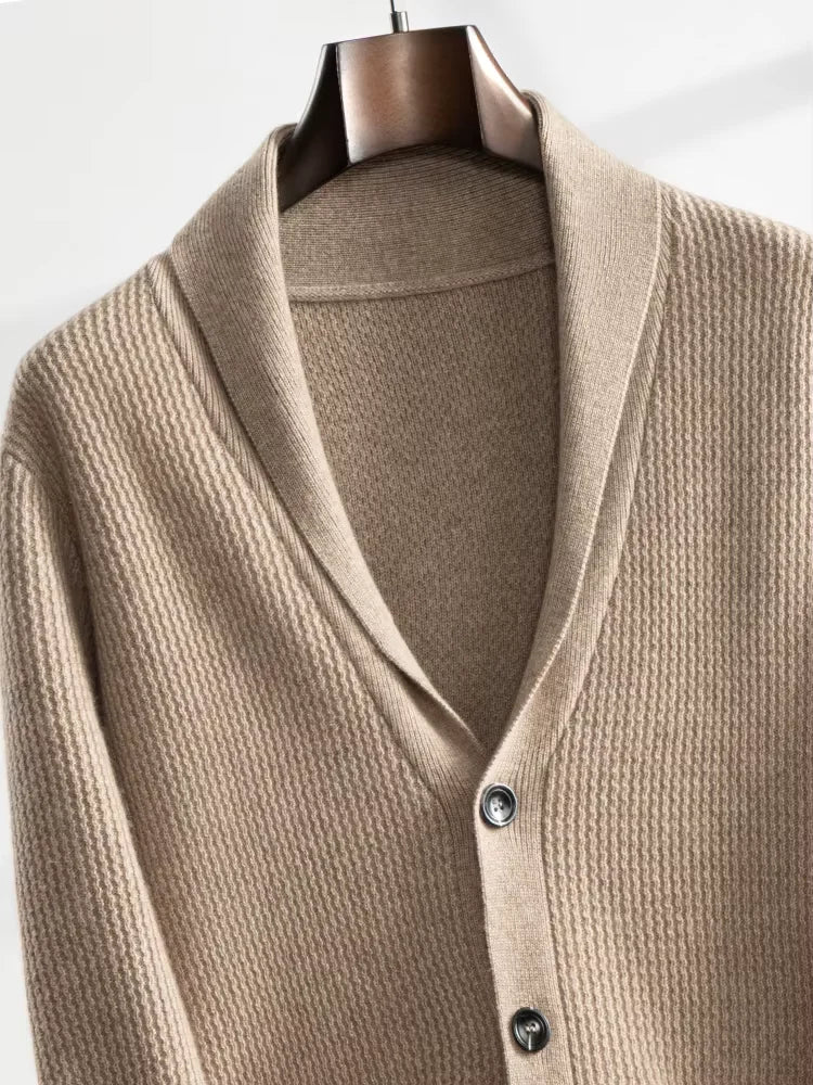 Andy - Camel Textured Shawl Collar Cashmere Cardigan | The Cashmere Studio