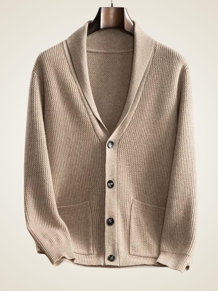 Andy - Camel Textured Shawl Collar Cashmere Cardigan | The Cashmere Studio