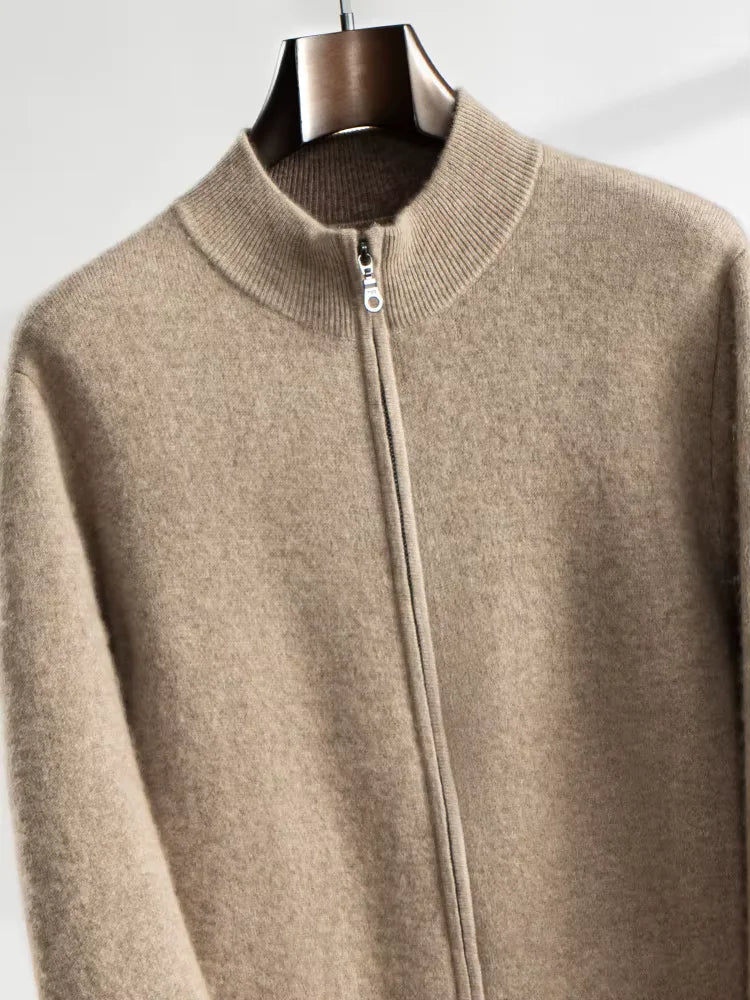 Brett - Camel Zip Up Cashmere Cardigan | The Cashmere Studio