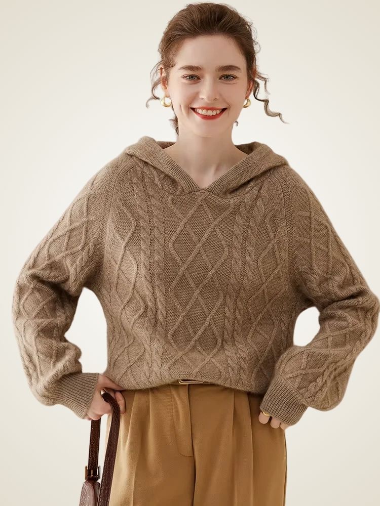 Estelle - Camel Cable Knit Cashmere Hoodie | The Cashmere Studio