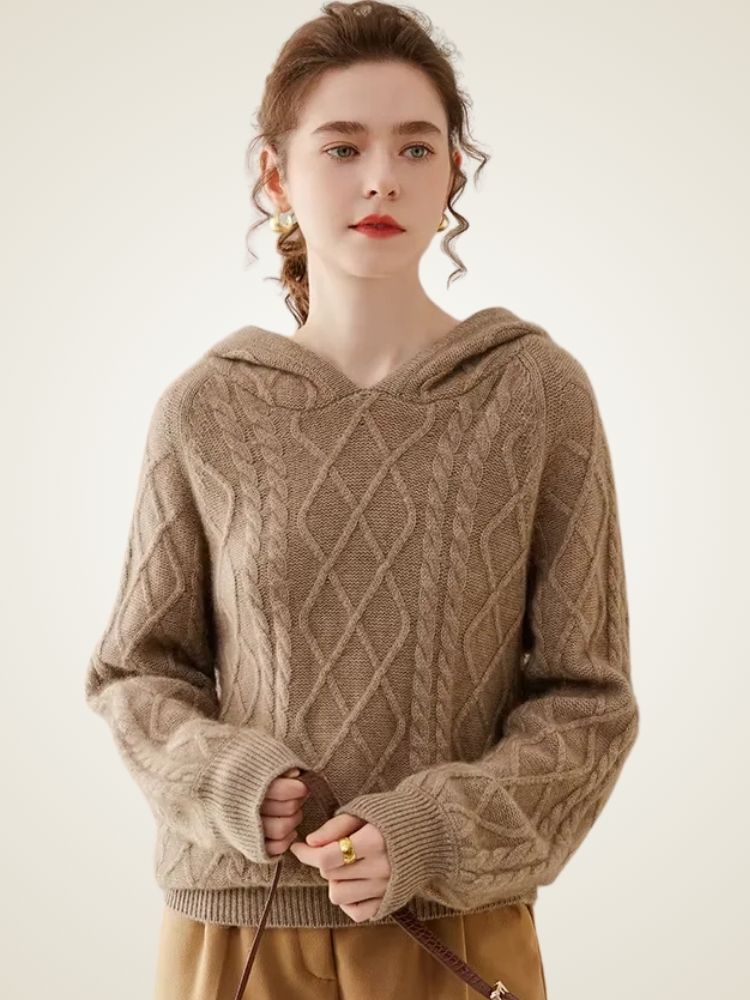 Estelle - Camel Cable Knit Cashmere Hoodie | The Cashmere Studio